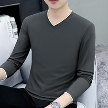新款撞色V领男式长袖T恤打底衫休闲纯色男长袖批发