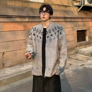 费尔岛提花开衫针织衫毛衣男美式慵懒风外搭外套潮牌外贸跨境批发