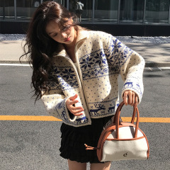 古着感重工立襟ニットカーディガン雪花刺繍セーターコート女性秋冬