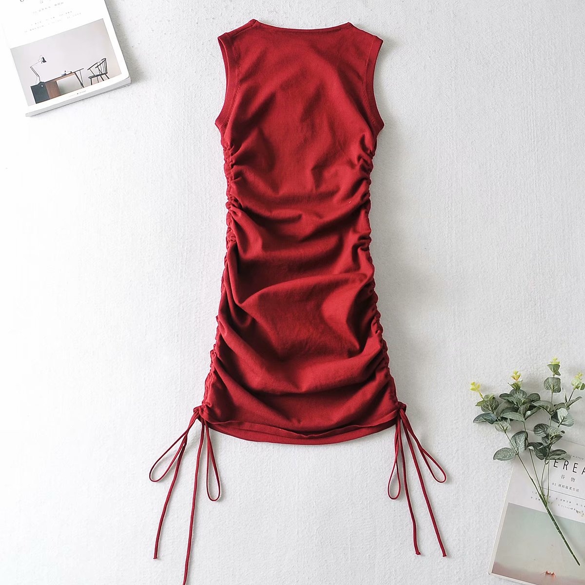 spring round neck knit double side drawstring dress NSAM25630