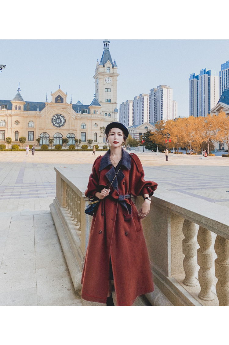 Women's Long Woolen Coat Brick Red Hepburn Style Winter Overcoat_voghion.com