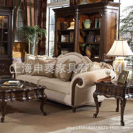 美式复古实木布艺三人沙发客厅会客售楼部前台家用酒店别墅样板房