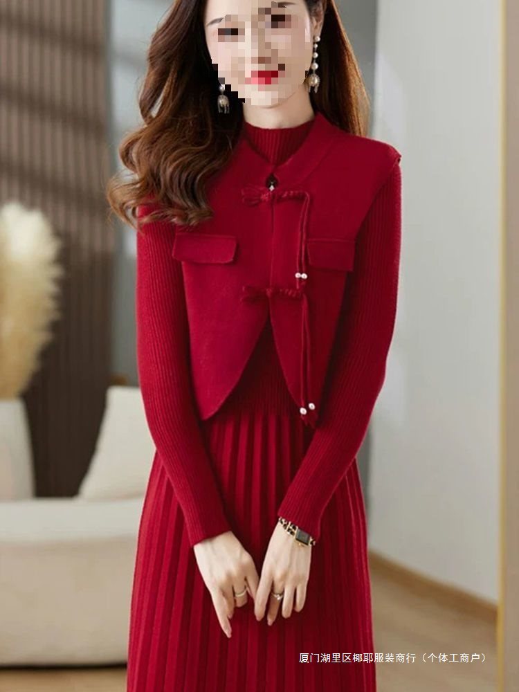 小香风套装裙两件套中长款连衣裙马甲时尚韩版套装毛衣秋冬女装新