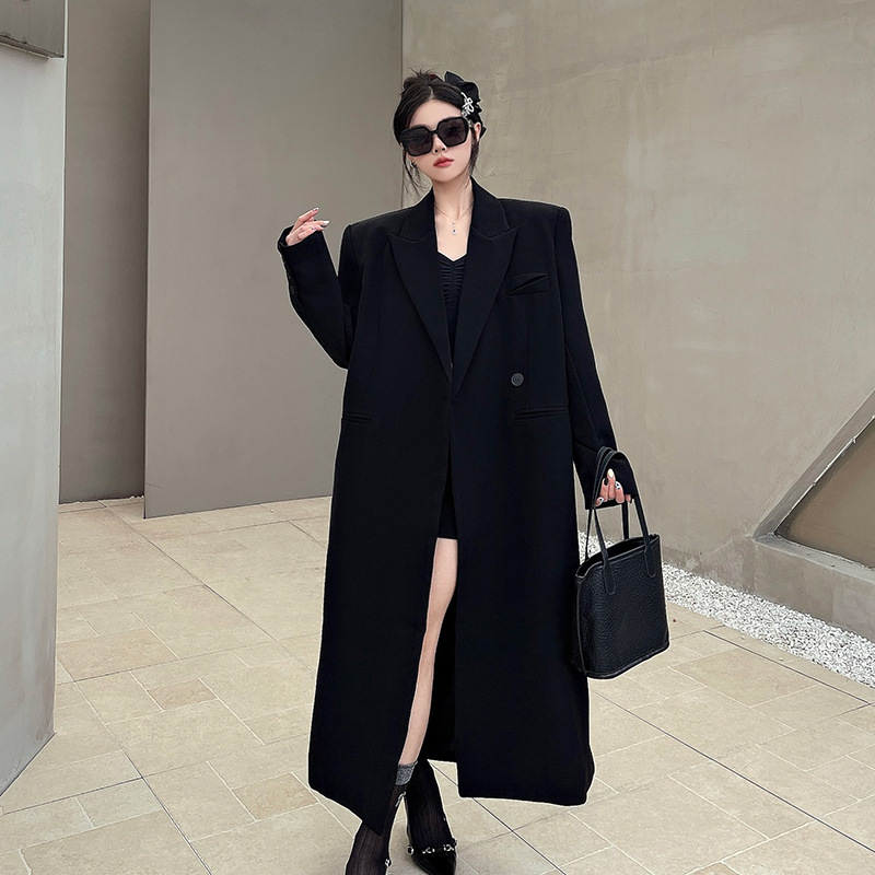Right Shoulder Black Long Suit Jacket Female Magazine Model High-End Loose Thickened Suit Coat Right Shoulder Black Long Suit Jacket Female Magazine Model High-End Loose Thickened Suit Coat