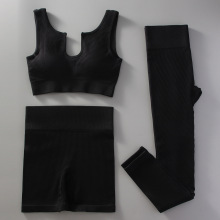 紧身U领欧美运动内衣背心女健身文胸短裤长裤透气无缝瑜伽服套装