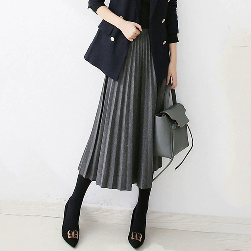 Шерстяная плиссированная юбка для женщин, новая модель осень-зима 2025, стройнящая текстура, юбка-парасоль большого размера, высокая талия, юбка А-силуэта средней длины