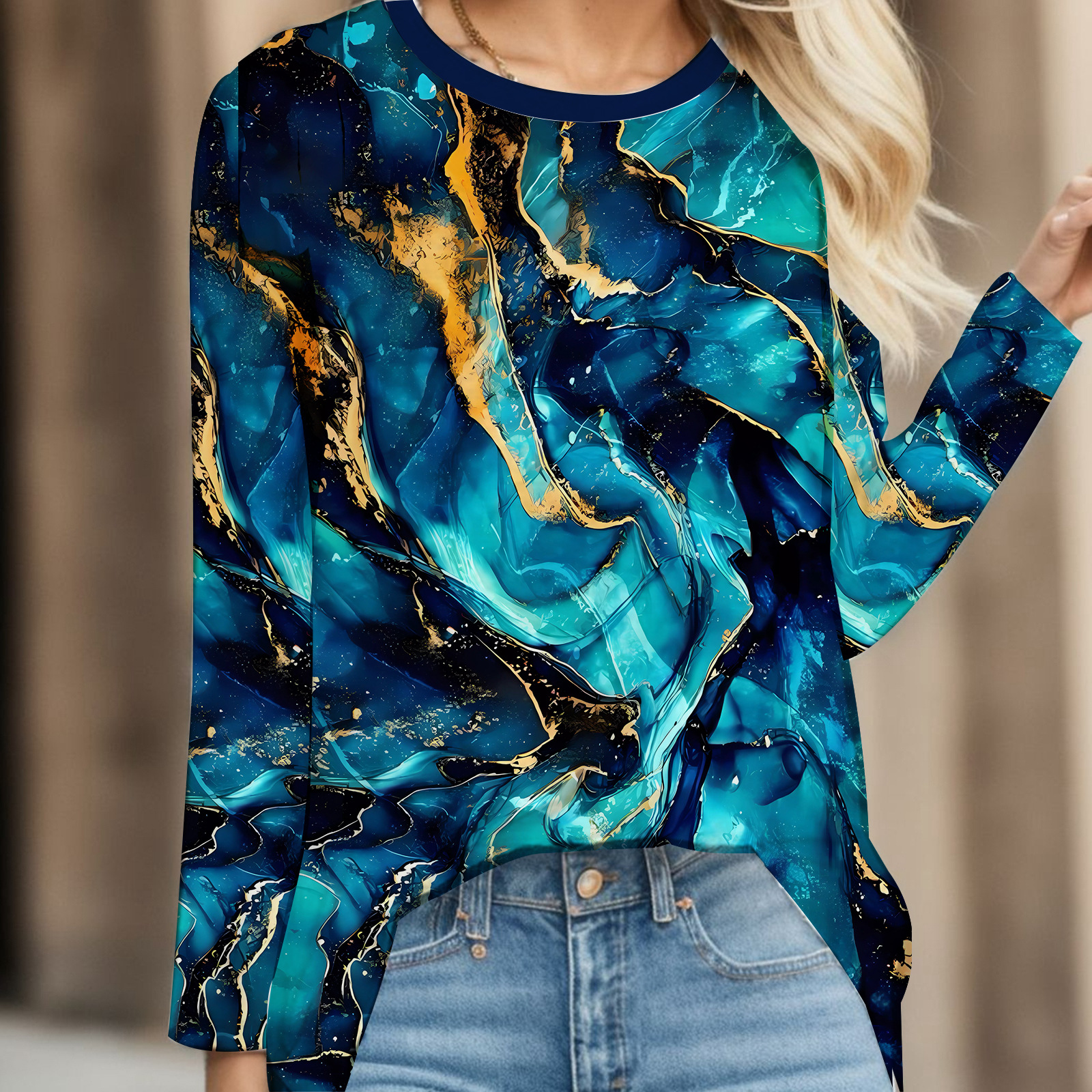 Transfronterizo otoño e invierno nuevas señoras casual cuello redondo Pascua impresión digital casual suelto cuello redondo suéter de manga larga para mujer