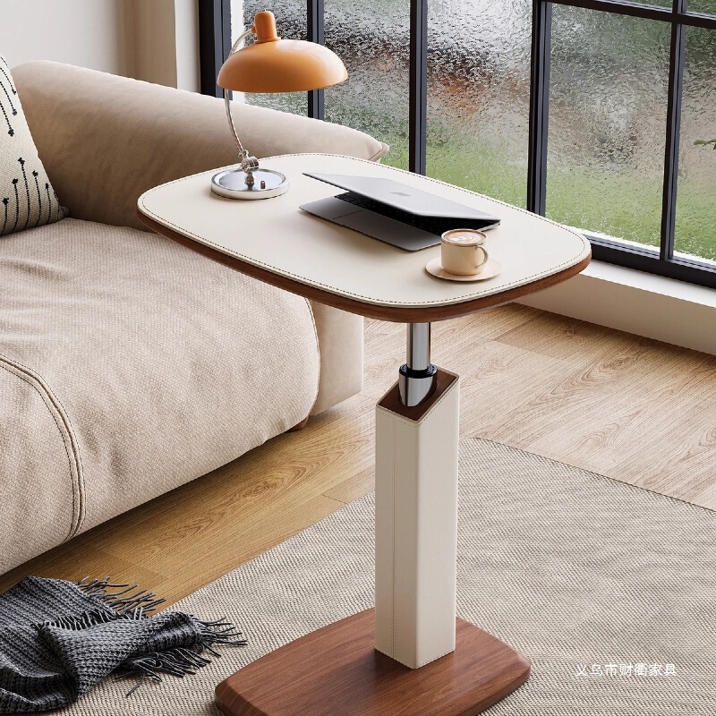 Saddle Leather Adjustable Side Table for Home Use, Vintage Style Bedside Table, Small Table for Living Room, Movable Bedside Computer Desk