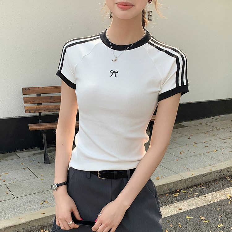 ホワイトラウンドネックラグラン半袖Tシャツレディース夏甘くてクールなスリムリボンコントラストカラーショルダースリーストライプストップTシャツ|undefined
