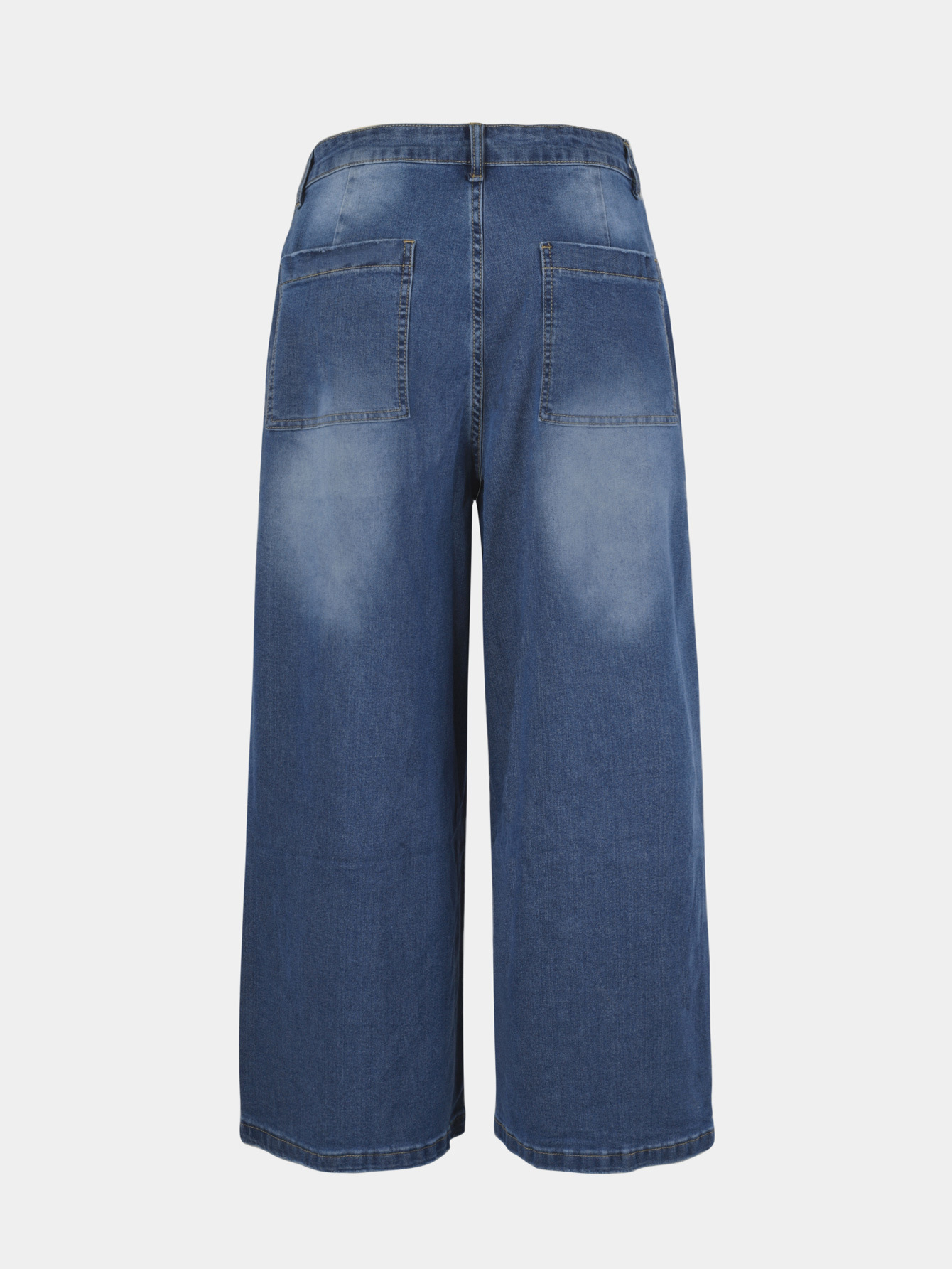 Women's Clothing Mid-Rise Wide Leg Jeans Retro Washed Cuffs Frayed Hem Slanted Pockets Cropped Length Denim_ecoleips.com