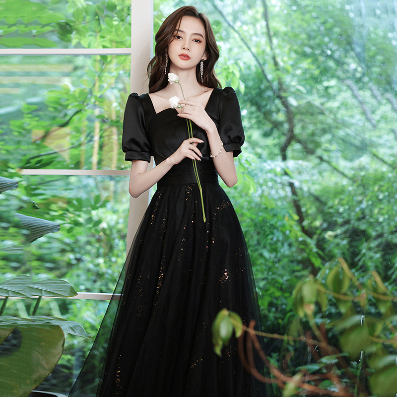 Vestido de noche negro para banquete 2026, corte ajustado, elegante, estilo pasarela, para eventos sociales, vestido largo de fiesta con cola larga. image 3