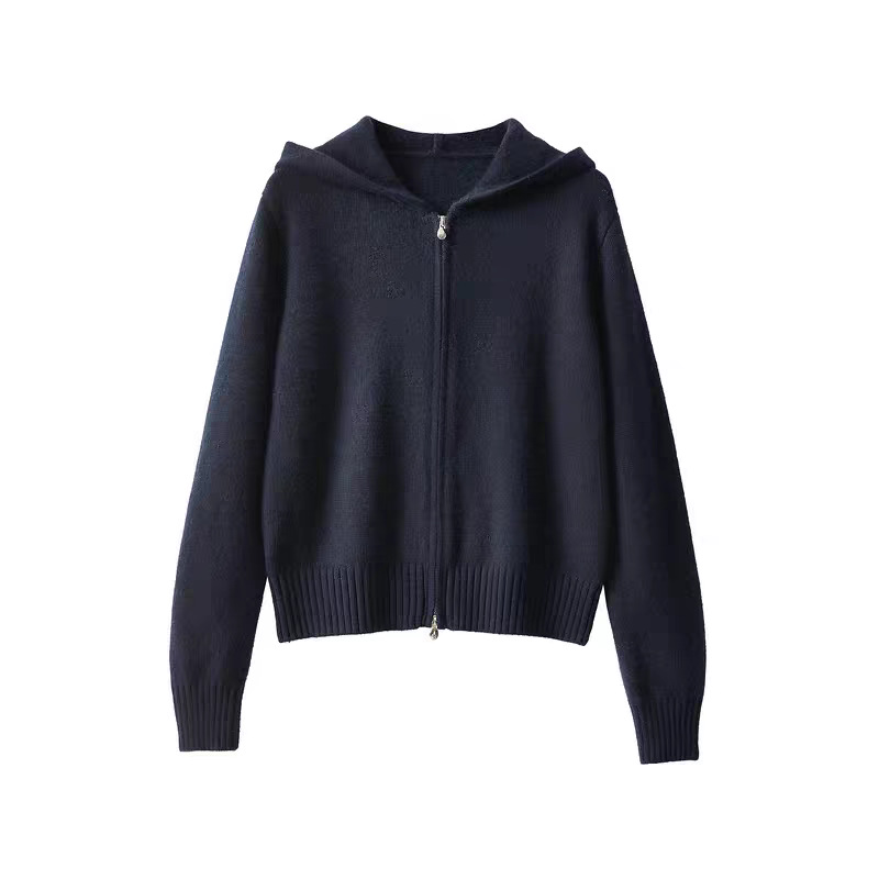 Coreana doble cremallera con capuz de punto Cardigan de mujer otoño invierno exterior diseño sensación perezosa suave abrigo de suéter de aire
