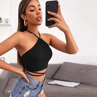 辣妹纯色露背露脐背心上衣BAE Lace Up Backless Crop Halter Top