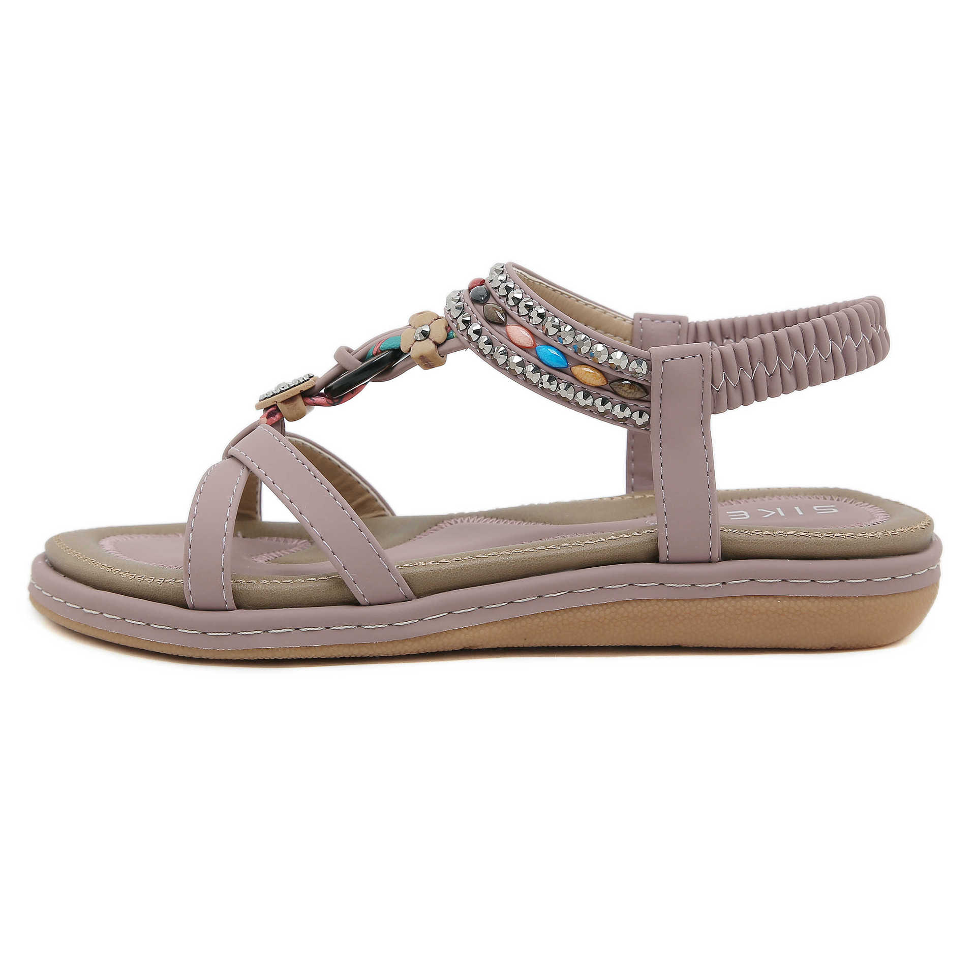 W676-4 Nuevo 2024 primavera y verano cuentas de madera hebilla rhinestone moda casual Tailandia playa Sandalias planas para las mujeres