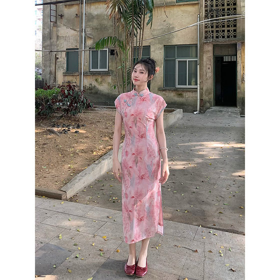 Beautiful Pink Flower Girl Cheongsam Small Improved Young Style New Chinese Style dress Can Wear in Summer