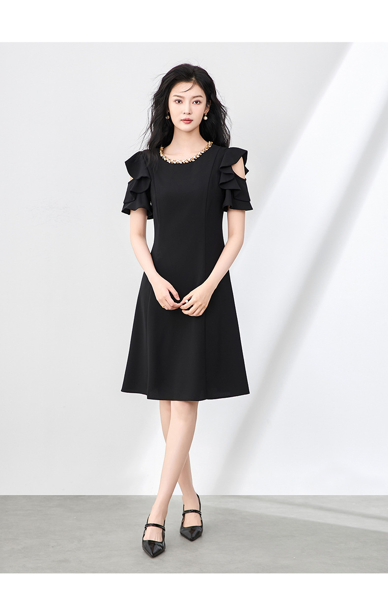 Váy liền thắt eo cổ tròn đính kim cương phong cách Pháp sang trọng cho nữ — Màu đen chi tiết 14
