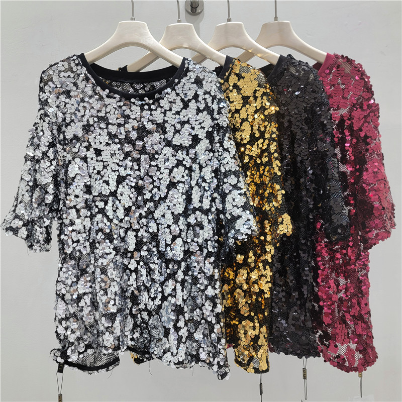 Camiseta de manga corta de estilo europeo y americano con sequinado de moda coreana de media manga guapo brillante chaqueta de media manga suelta image 1