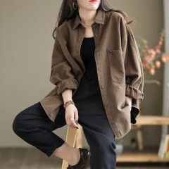 新品简约纯色斜纹百搭长袖衬衫女秋宽松显瘦休闲外套
