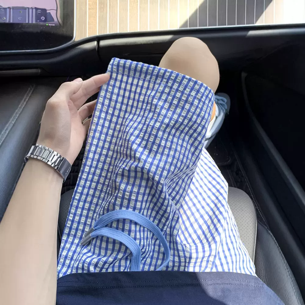蓝色多巴胺格子短裤男夏季薄款美式复古休闲中裤慵懒风宽松沙滩裤