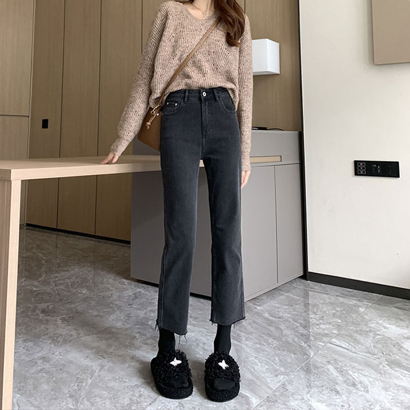 Black and Gray Straight-Leg Jeans for Women, 2026 Spring New Style, Petite High-Waisted Slimming Cropped Frayed Hem Cigarette Pants