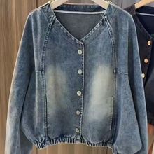 白枕鹤大码复古短款百搭牛仔外套女春秋新款胖妹妹洋气休闲夹