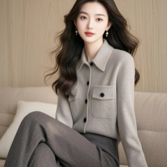 韩系双口袋翻领灰色毛衣开衫女2025春秋冬轻熟风针织气质外套上衣