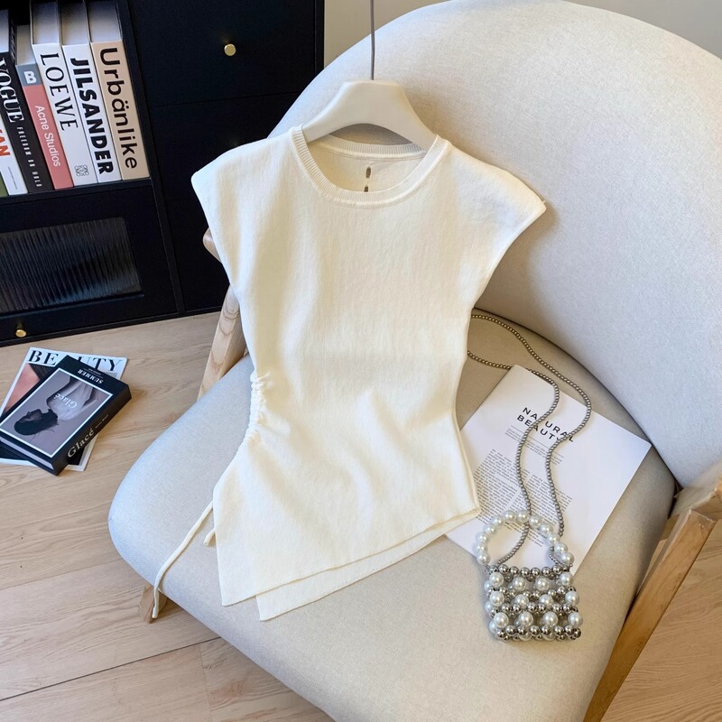 Brand Export ~ Cut Label Counter Asymmetrical Drawstring Sleeveless T-Shirt Women's Back Cut Out Design Slim Top Summer