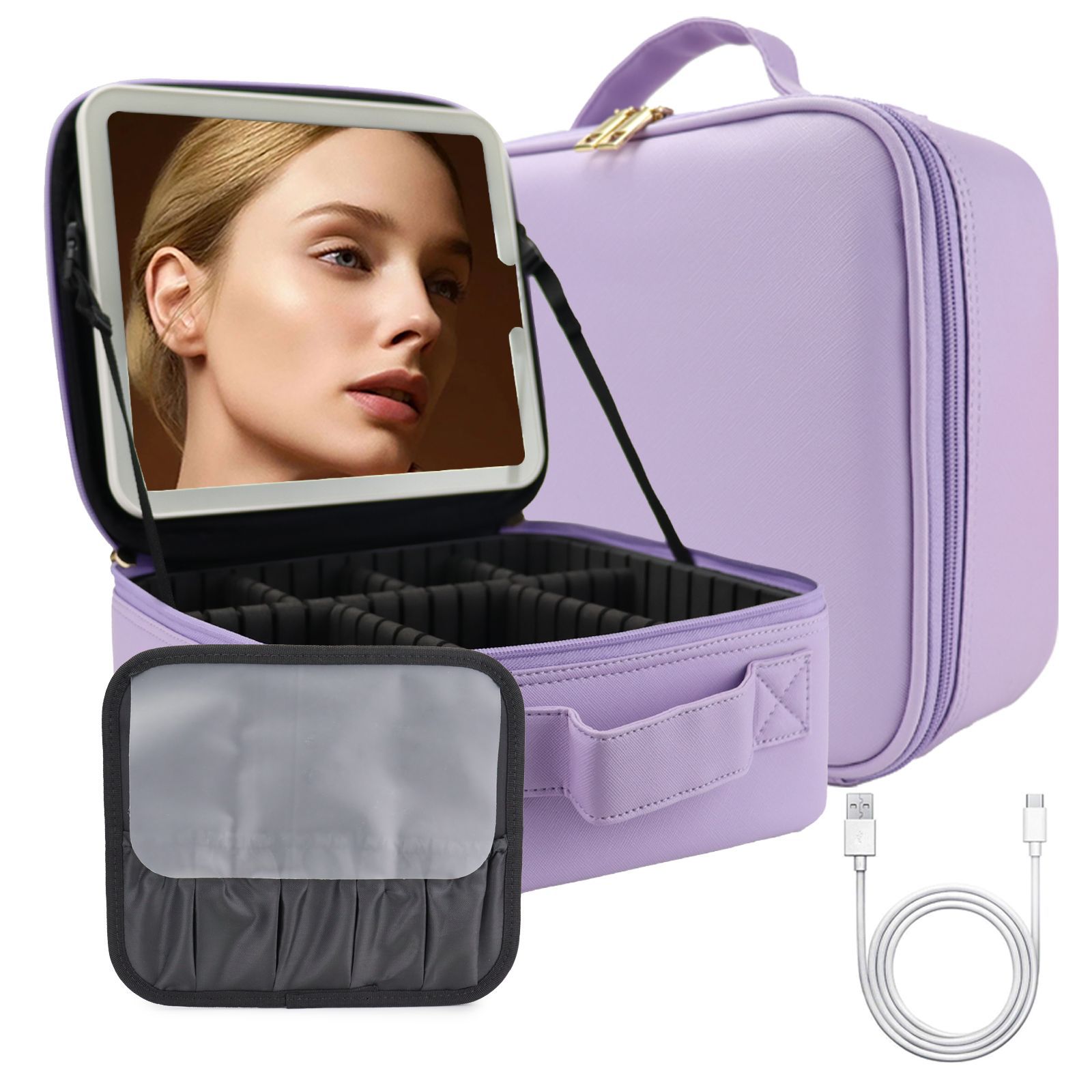 Bolsa de cosméticos de viaje LED premium con espejo para mujer caja de pinceles de maquillaje portátil de gran capacidad bolsa de belleza de partición portátil