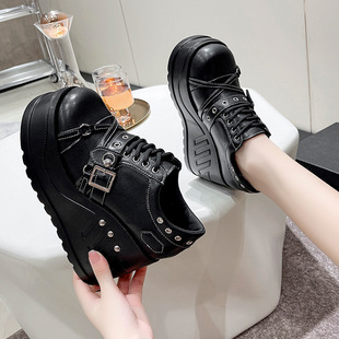 Platform Shoes Women's Spring and Autumn 2024 New Black Lace-up Deep Mouth Casual All-match Wedge Heel Height-increasing Single-layer Shoes Trendy