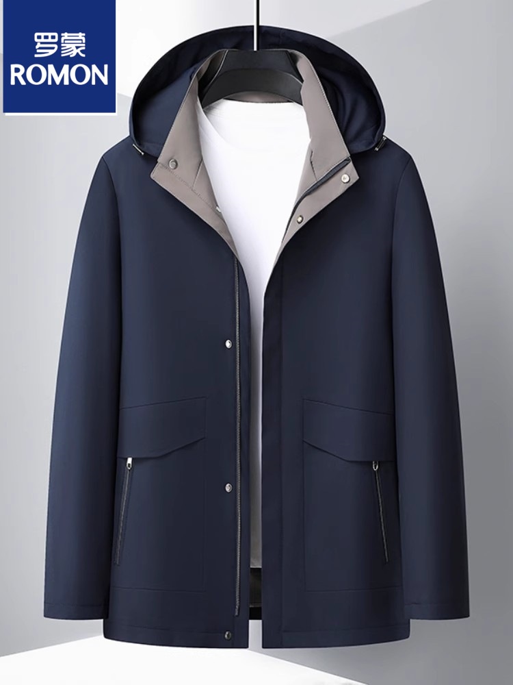 Romon Men's Jacket Men's Spring & Fall Classy Anti-Wrinkle Business Fashion Casual Jacket Hooded Detachable Men's Dad Wear