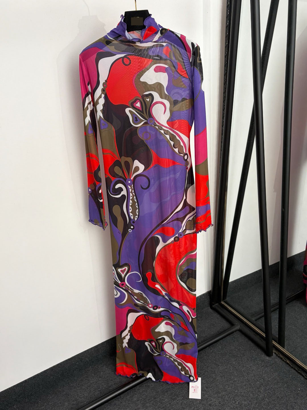 Irregular Color Block Print, Half-High Collar, Slim-Fit Brand Logo Long-Sleeve Dress_ecoleips.com