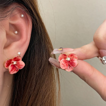 法式玫红花朵珐琅银针蚊香盘无耳洞耳夹清新甜美立体花朵耳环耳饰
