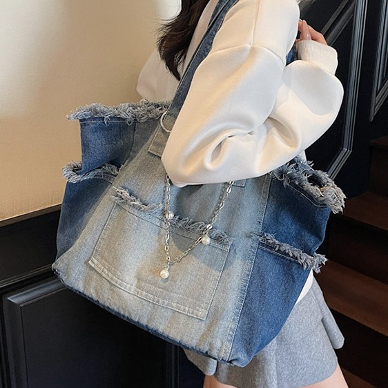 Qadın üçün yuyulmuş denim çanta, böyük tutumlu, retro üslub