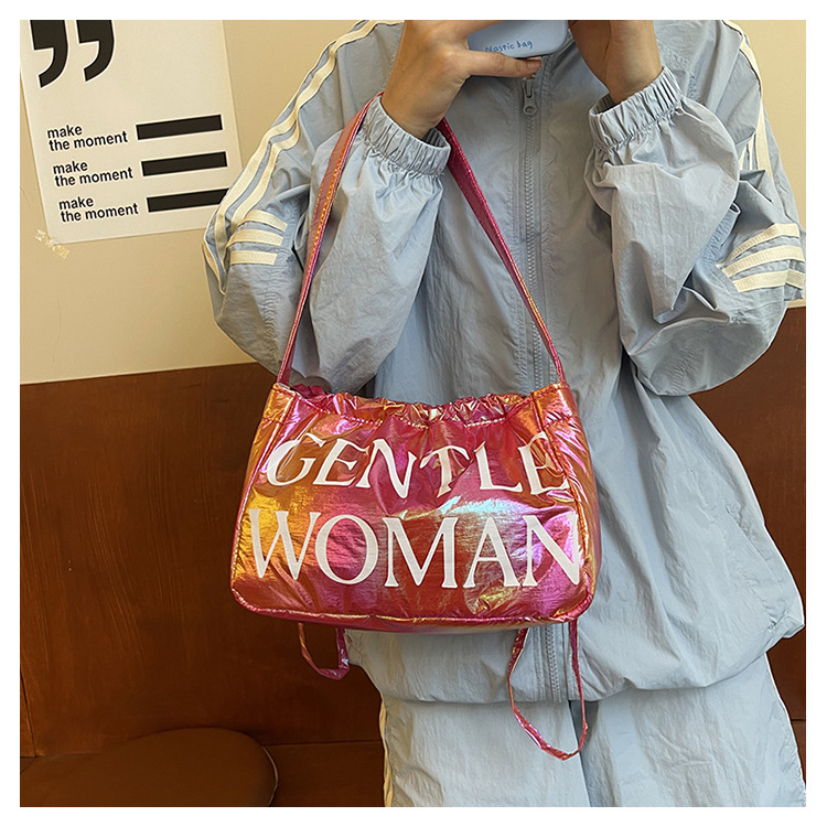 Candy colored new letter printed drawstring shoulder niche design dumpling women's armpit bag_voghion.com