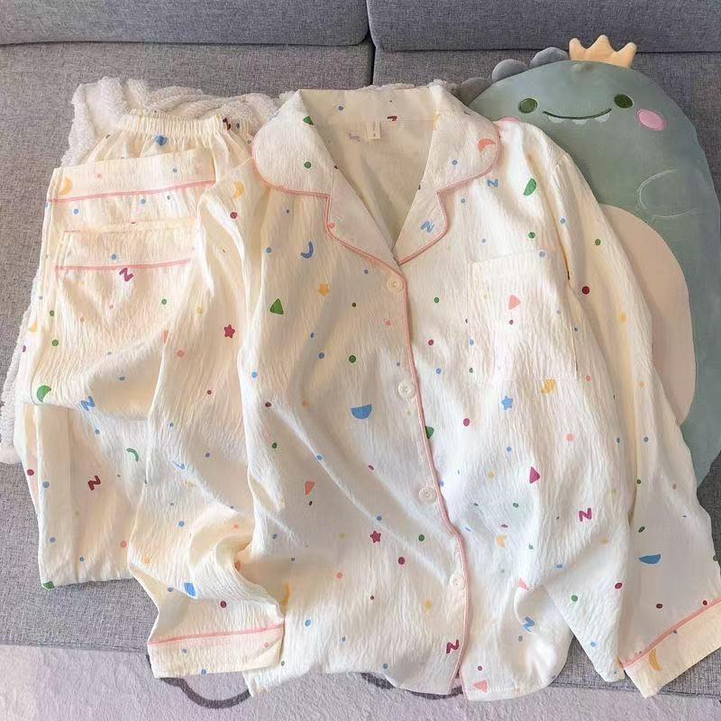 [Lightning Warehouse Spring and Autumn New Style] Cloud Cotton Long Sleeve Cardigan Pajamas Women's Cute Cartoon Style Home Clothes Set