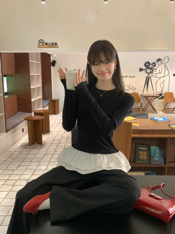 宋正恩芭蕾风花边黑色长袖t恤女秋季新款加绒修身内搭打底衫上衣|undefined
