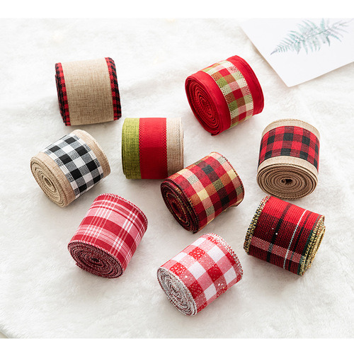 NUCHI Christmas Decorative Wire-Edged Red and Black Plaid Ribbon | Christmas Tree Accessories | Plaid Faux Linen Satin Ribbon