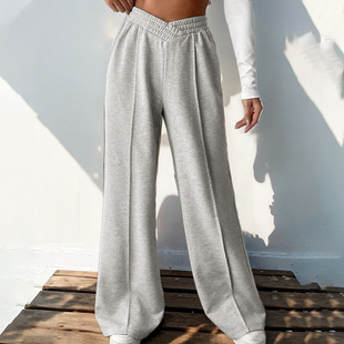 Independent Station Cross-Border Women's Pants 2025 New European and American Casual Elastic V-Shaped High-Waist Spliced Wide-Leg Pants
