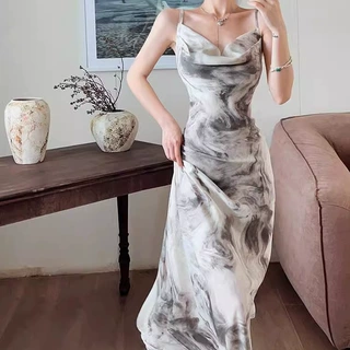 性感水墨画晕染吊带V领连衣裙女夏季复古风修身露背气质H型长裙子