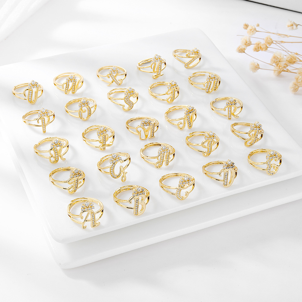 Wholesale Elegant Simple Style Letter Copper Zircon Adjustable Ring display picture 1