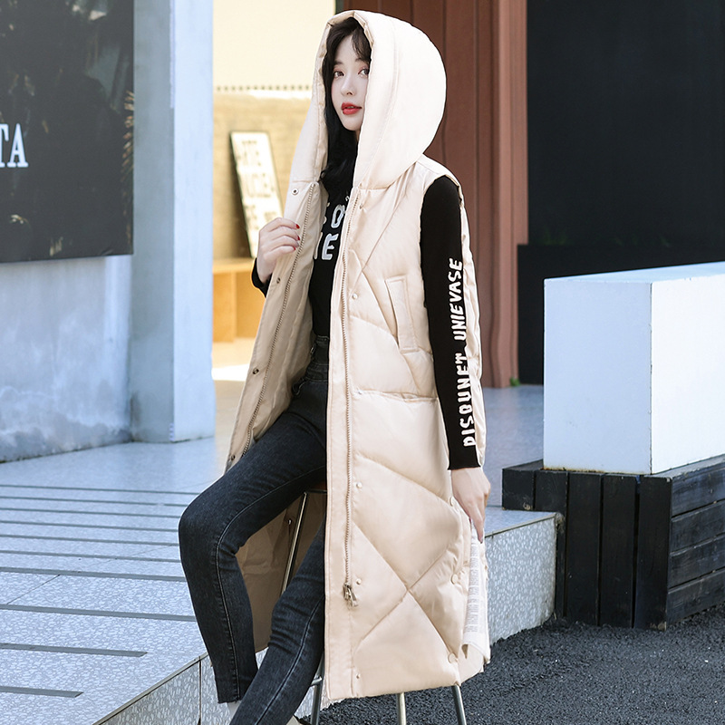 長い膝を越えたダウン綿のベスト女性韓国版フード付きカジュアルベストの外には、ゆるい馬のジャケットを着ています|undefined