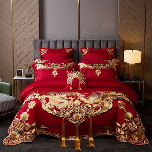 High-End Wedding Gift Ten-Piece Set, Four-Piece Wedding Bed, Newlywed Embroidered Wedding Dragon and Phoenix Bed Sheetss, Eight-Piece Wedding Bed Set