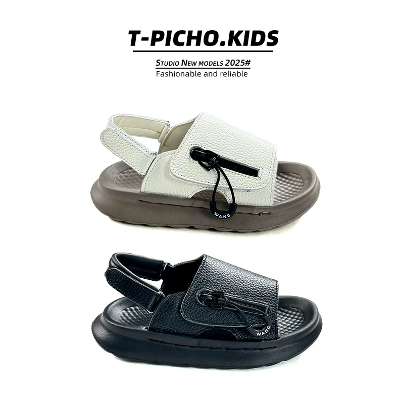 Детские сандалии из коровьей кожи, лето 2025, новые универсальные пляжные туфли для мальчиков, модные повседневные туфли для девочек в корейском стиле