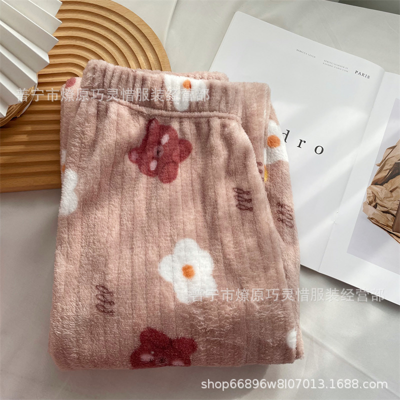 Pantalones de pijama de franela de coral de dibujos animados, pantalones de pijama de hombre, pantalones de invierno de otoño de mujer, pantalones caseros
