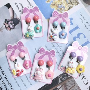 New children's cute bunny flower pendant fake earrings girl cartoon girl jewelry anti-pain ear clip