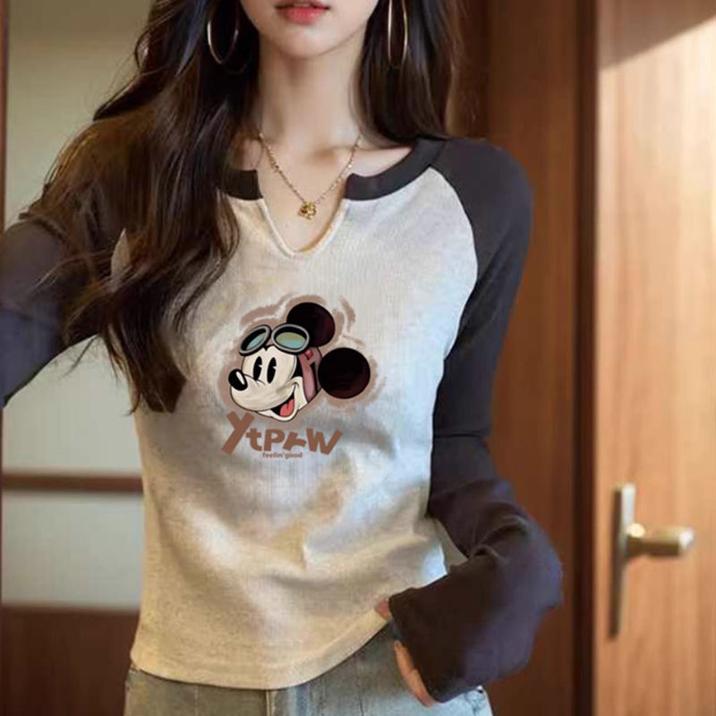 2026 Korean Style Color-Blocked Pure Cotton Long-Sleeve T-Shirt for Women, Slim Fit Autumn Style, Small V-Neck Base Shirt, Versatile Raglan Sleeve Top