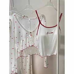 純粋な欲望の甘い愛のプリントパジャマの女性の春の夏のタイプの胸のパッドのストラップの長袖のズボンの部屋の服の3つのセット