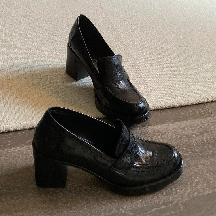 真皮~8cm高跟乐福鞋女复古百搭小皮鞋黑色简约一脚蹬通勤静音单鞋|undefined