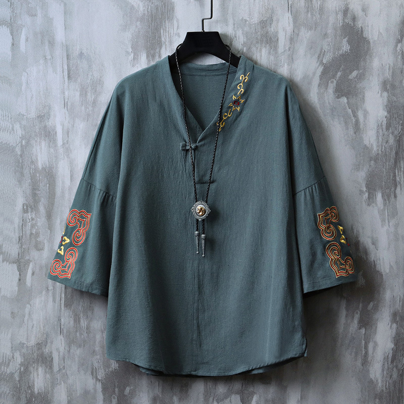 Chinese Style New Retro Embroidered V Neck Button T-Shirt Antique Style Three-Quarter Sleeves A087-1-Ym617-555 Control 65 Chinese Style New Retro Embroidered V Neck Button T-Shirt Antique Style Three-Quarter Sleeves A087-1-Ym617-555 Control 65