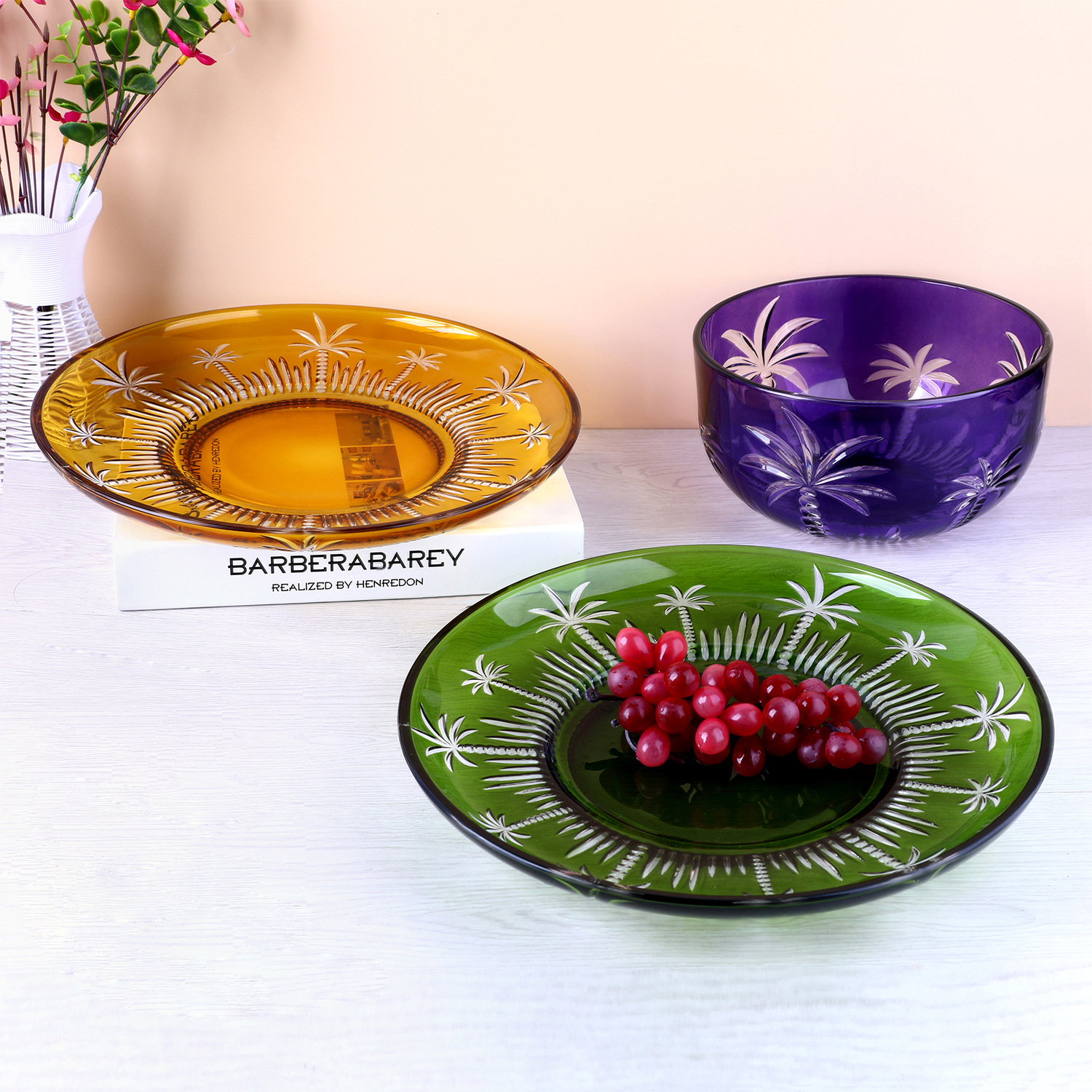 Colored glass etched dry fruit plate Bohemian coconut tree fruit…